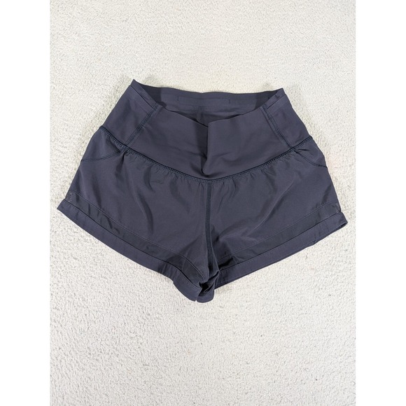 Lululemon Running Shorts Womens 4 Black Athletic Wide Waistband Back Zip Logo - Picture 1 of 7